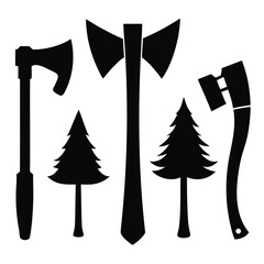 Black axe and pine tree silhouettes woodcutting tool