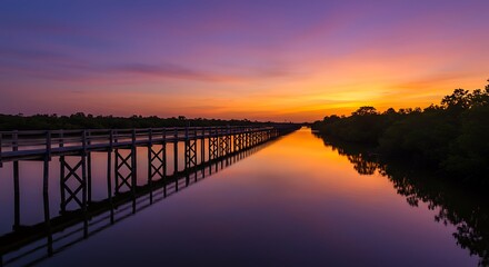Obraz premium Sunset over a tranquil waterway with a wooden boardwalk.