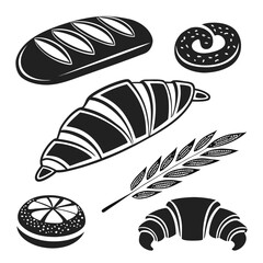 Black bakery products silhouettes loaf croissant pretzel wheat