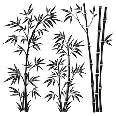 Black bamboo plants with leaves silhouette