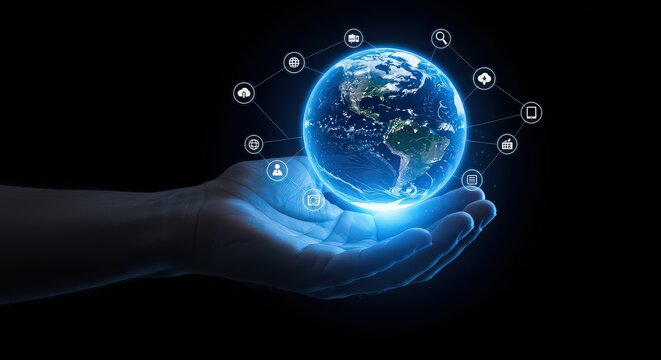 Hand holding a glowing earth globe with social media icons connected on a dark background scene