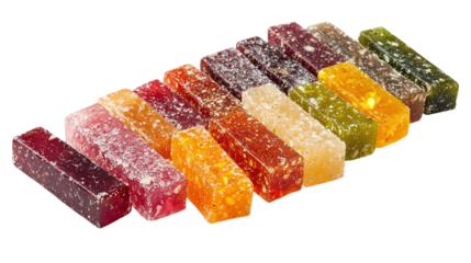 • A colorful array of energy bars made from natural ingredients, isolated on white background in HD 