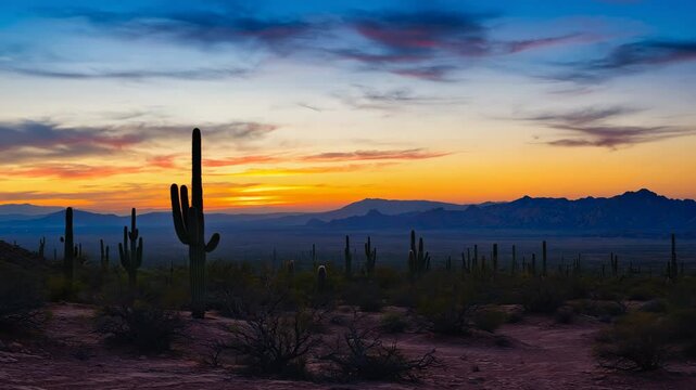 Smooth panning time-lapse of a desert sunset, silhouettes of cacti in foreground, clouds shifting across sky in hyperreal motion