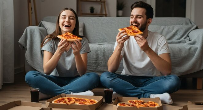 Happy couple eating pizza together at home, enjoying a casual and fun meal. - Powered by Adobe