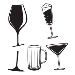 Black drinkware collection on white glasses wine glass