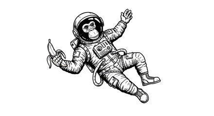 Monkey astronaut floating in space holding a banana in a spacesuit