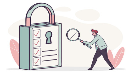 Security audit checklist with magnifying glass for vulnerability and compliance assessment process and analysis