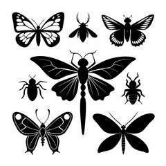 Black insect silhouettes on white background butterfly