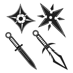 Black ninja stars and daggers silhouettes shuriken
