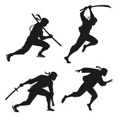 Black ninja warrior poses sword staff running leaping