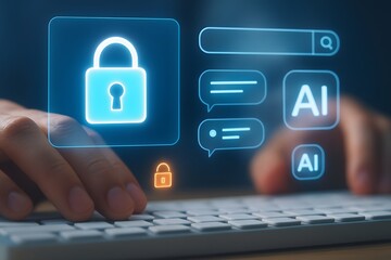 Hands typing on keyboard with glowing digital security and ai interface elements