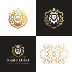Lion Head Emblem in Shield with Laurel and Crown - Elegant Gold Silhouette Logo Set