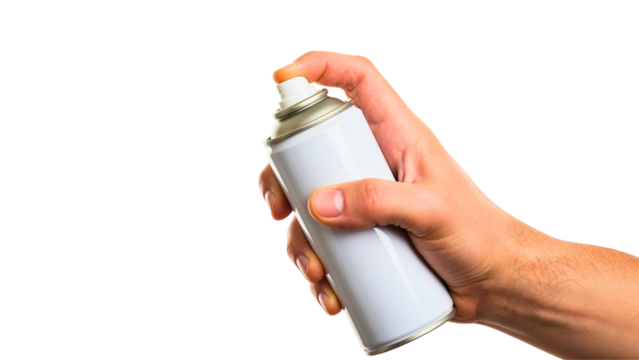 Hand holding blank white spray can isolated
