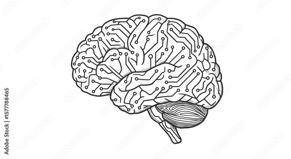 Poster illustration of a brain with circuit board patterns on a white background