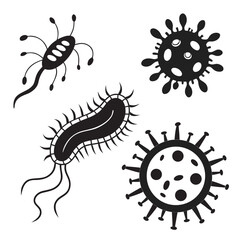 Black silhouette bacteria and viruses microscopic cells