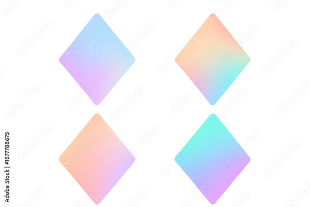 Poster four colorful diamond shaped gradient blobs with rounded corners floating on a transparent backgroun