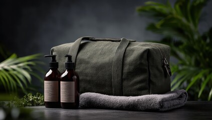 Olive-green canvas duffel bag sits on dark surface with two amber bottles, grey towel, and lush green foliage backdrop