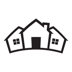 Simple black and white illustration of three stylized houses.