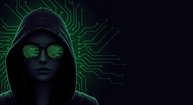 Mysterious hooded figure with circuit board reflection in sunglasses, symbolizing digital security or hacking.