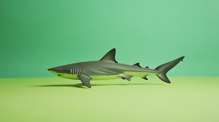 Realistic shark toy swimming against a vibrant green background, showcasing playful design