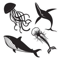 Black silhouettes of sea creatures whale jellyfish
