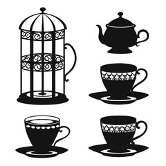 Black silhouettes of teacups teapot and birdcage vector