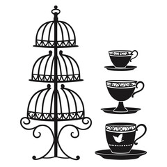 Black silhouettes of tiered stand and teacups coffee cup