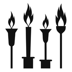 Black silhouettes of torches and candles with flames