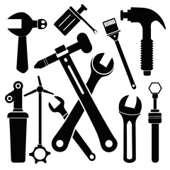 Black silhouettes of various mechanic tools wrench