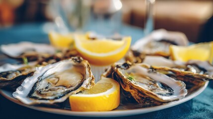 Fototapeta premium Oysters and lemon slices on a plate