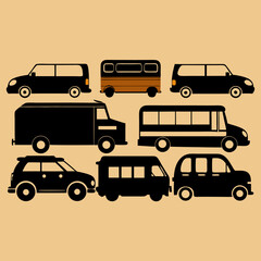 Black vehicle silhouettes with one brown bus vector