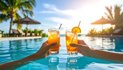 Two Cocktails Raised Above Pool