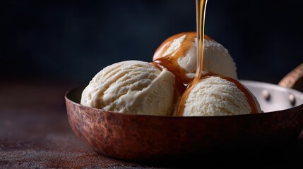 Macro shot of creamy ice cream scoops in a rustic copper pan with flowing caramel topping, frozen in mid-pour, soft lighting on a dark brown textured surface for an indulgent look