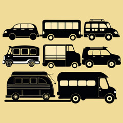 Diverse black vehicle silhouettes on pale yellow background