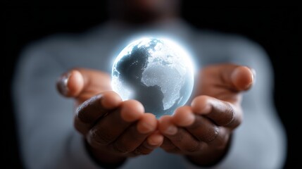 Hands holding a glowing digital globe, global connection, technology
