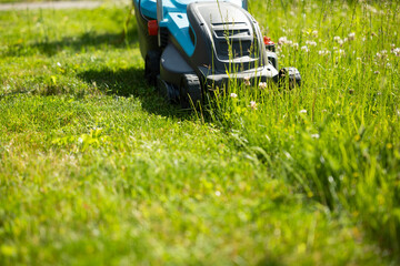 Lawn mower is actively cutting grass in a bright garden, showcasing lush green blades and colorful...