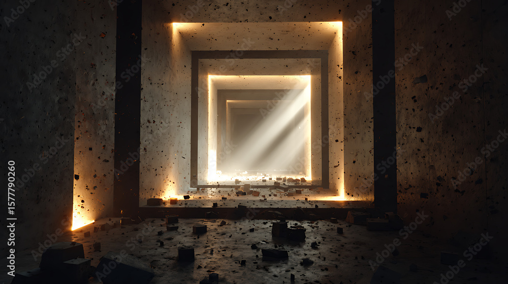 Poster a tunnel of light shines through a square concrete structure, creating a geometric passage