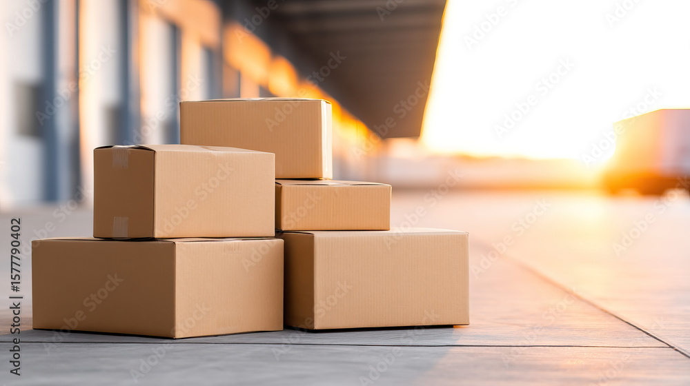 Poster cardboard boxes stacked on concrete floor at warehouse loading dock with warm sunlight in background