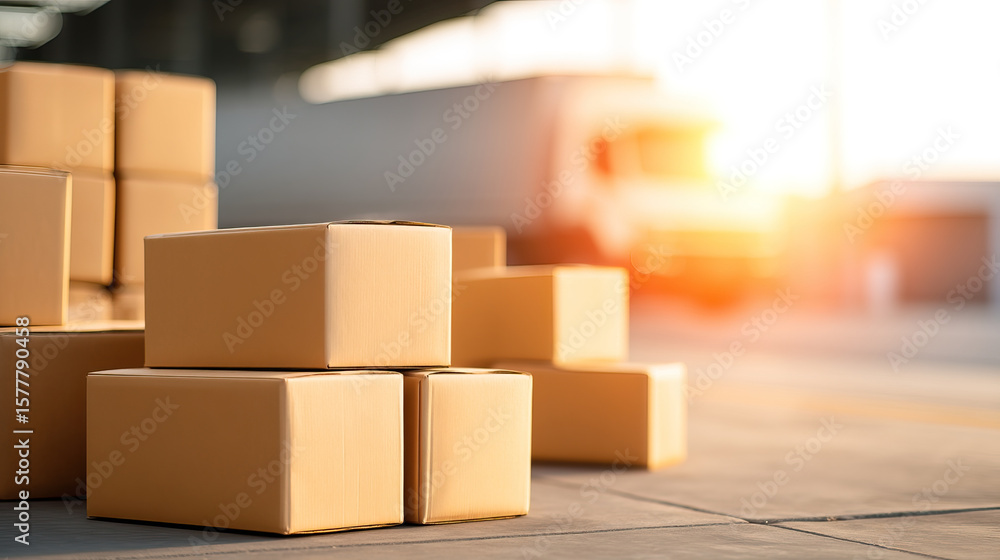 Aufkleber cardboard boxes stacked on pallets in warehouse with warm sunlight creating calm and organized atmos