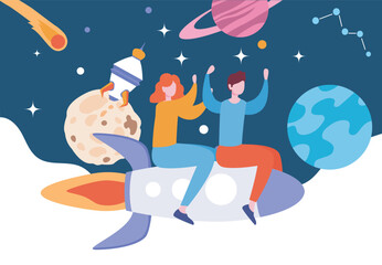 Naklejka premium Couple riding rocket in space fantasy. Vector illustration
