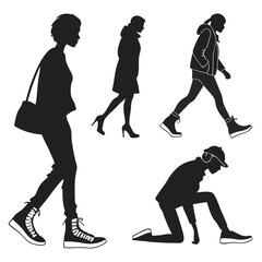 Fashionable women walking and posing silhouettes