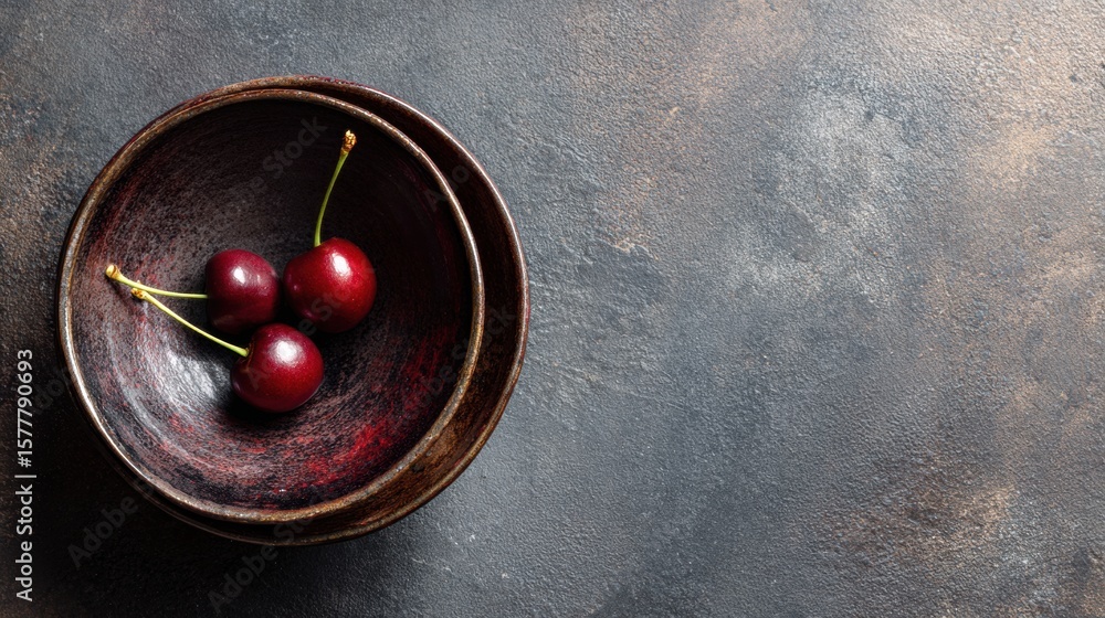 Aufkleber cherry bowl rests on a dark textured surface with empty upper margin for a minimalist touch