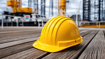 Yellow hardhat on wooden deck with industrial construction site background, safety equipment symbolizing protection and work environment awareness