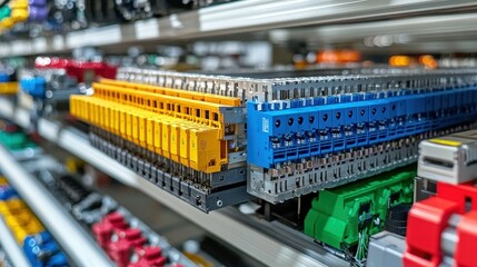 Colorful electrical terminal blocks organized on shelves