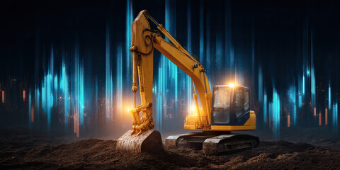 Industrial excavator construction machine digging equipment earthmoving vehicle heavy machinery soil excavation night work glowing lights futuristic background digital data visualization