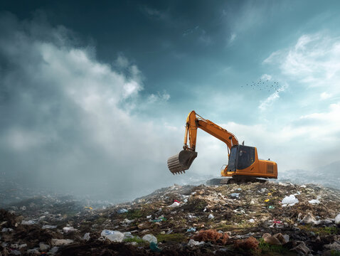 Heavy duty digger unearthing trash pile under cloudy sky with birds flying, showing environmental impact and urban waste management efforts in dramatic scene
