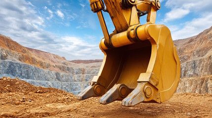 Yellow excavator claw digging deep in mineral rich ground at open pit mine under blue sky with clouds, showing heavy machinery in action