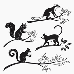 Four black animal silhouettes on branches squirrel
