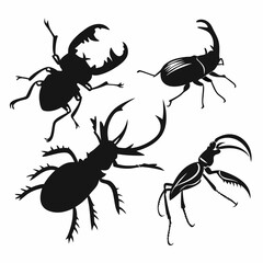 Four black beetle silhouettes with prominent mandibles