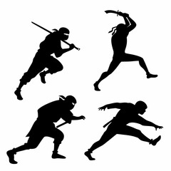 Four black ninja silhouettes in dynamic action poses